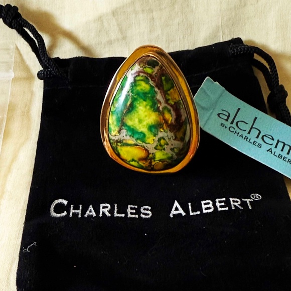 MOSAIC JASPER GEM RING, GREEN, SIZE ADJUSTABLE, LARGE STATEMENT RING, by CHARLES - Picture 2 of 8